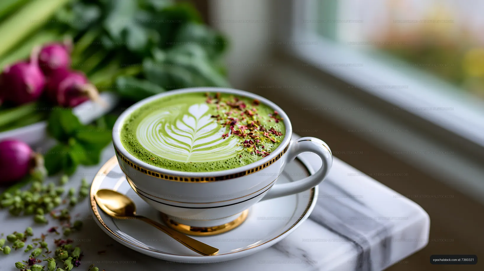 Matcha green tea with latte art in a stylish cup on a table