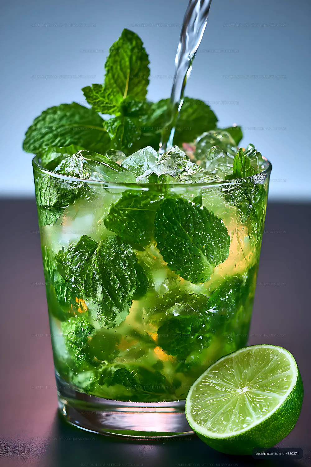 Fresh mojito cocktail with mint and lime on a dark surface