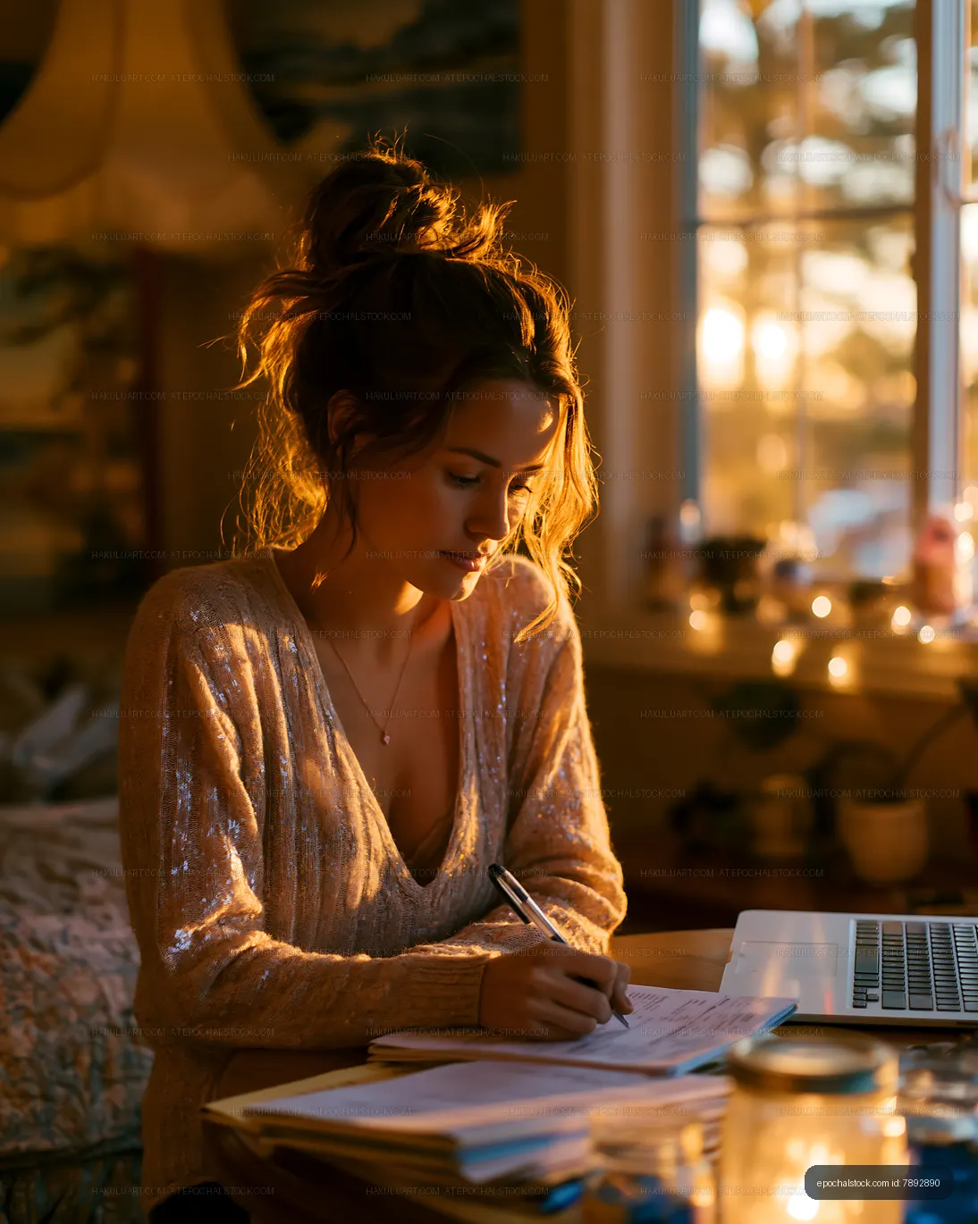 Woman studying at a desk with a laptop in warm evening light