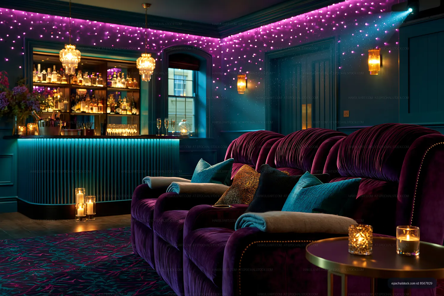 Cozy lounge area with purple lighting and modern decor