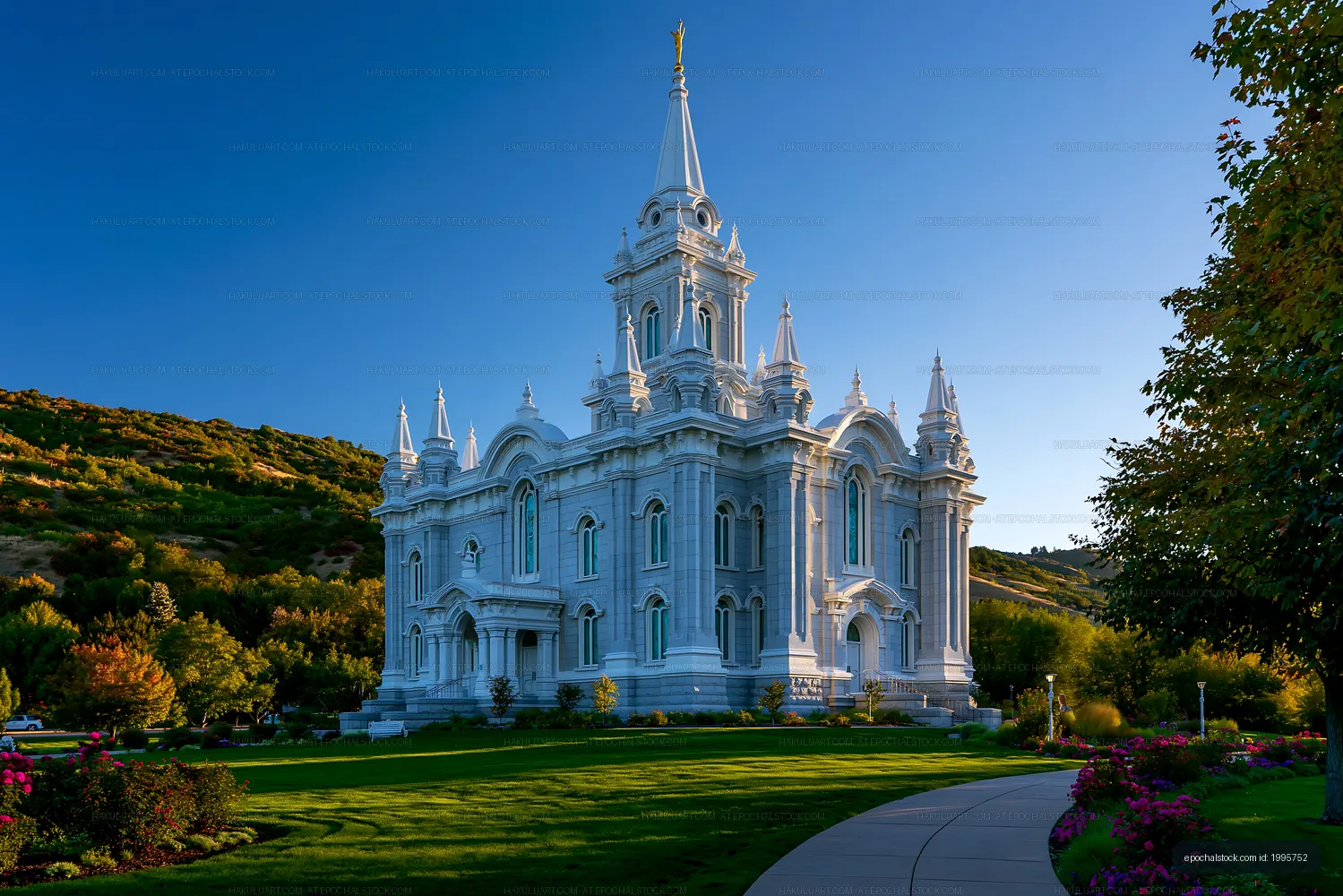 Building with white architecture near hillside park in sunlight