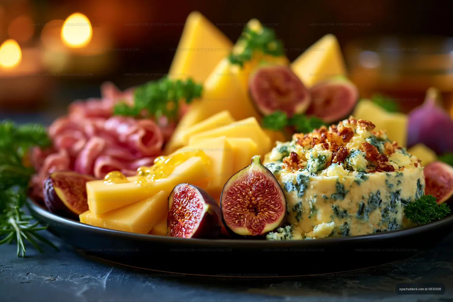 Cheese platter with figs, meats, and herbs on a dark background