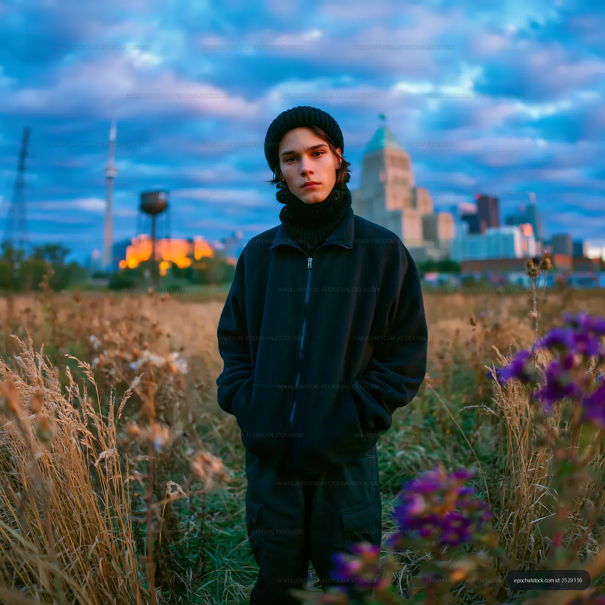 Young person standing in a field with city skyline in background