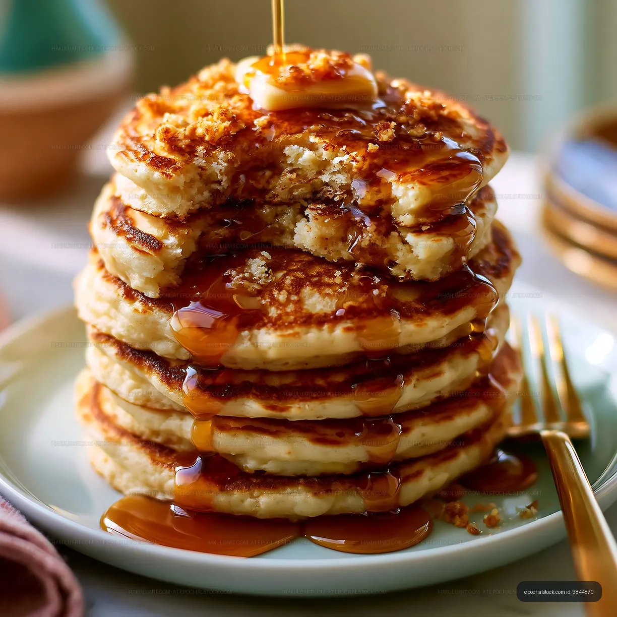 Stack of pancakes with syrup and butter on a plate