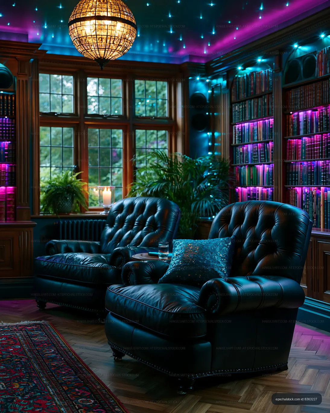 Cozy reading nook with two leather chairs and colorful lighting