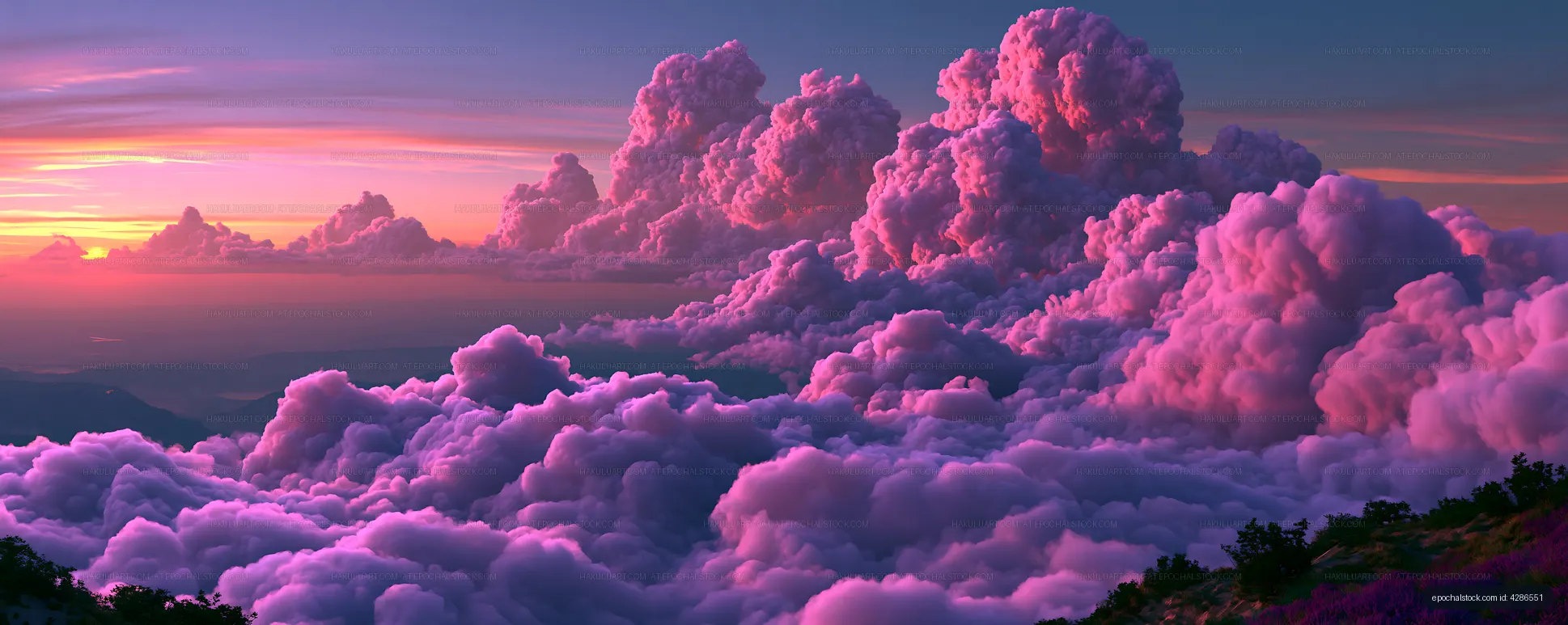 Colorful clouds at sunset over a mountain landscape