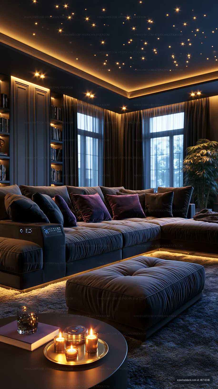 Cozy living room with dark decor and ambient lighting