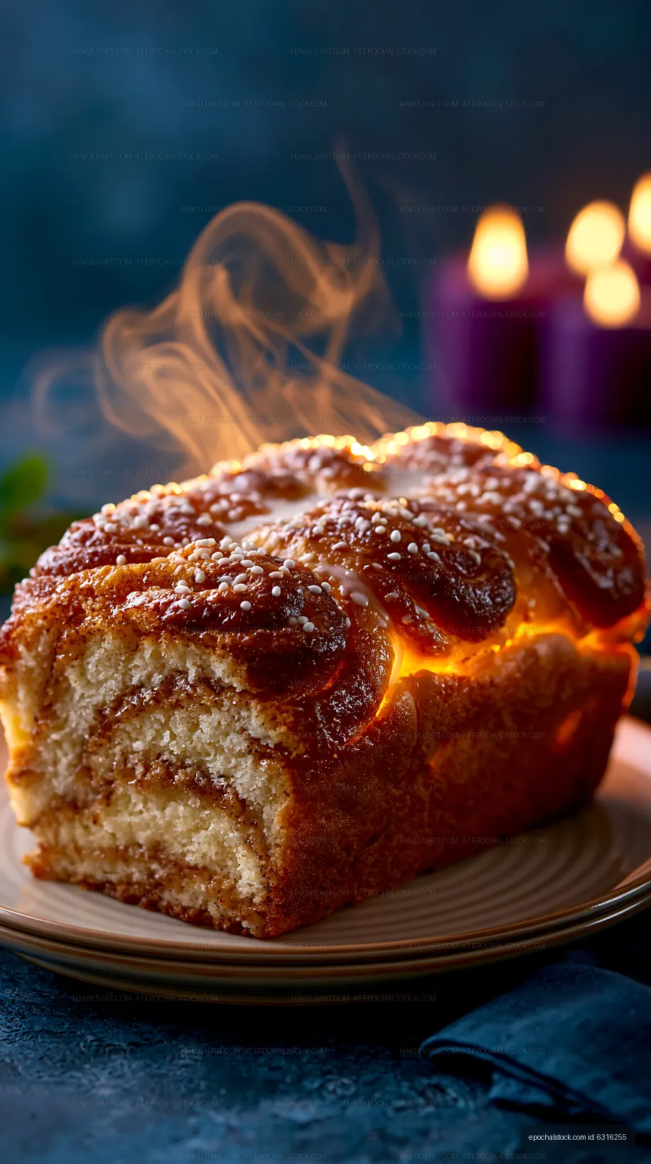 Freshly baked bread with steam rising in a cozy setting