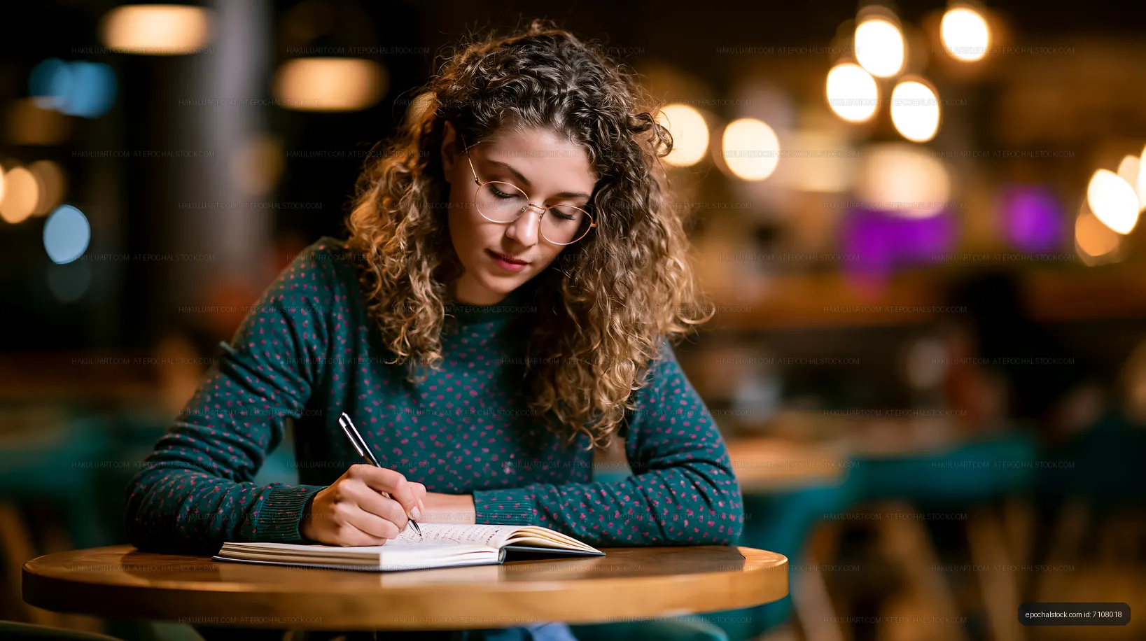Focused woman writing in an open notebook at a cafe table