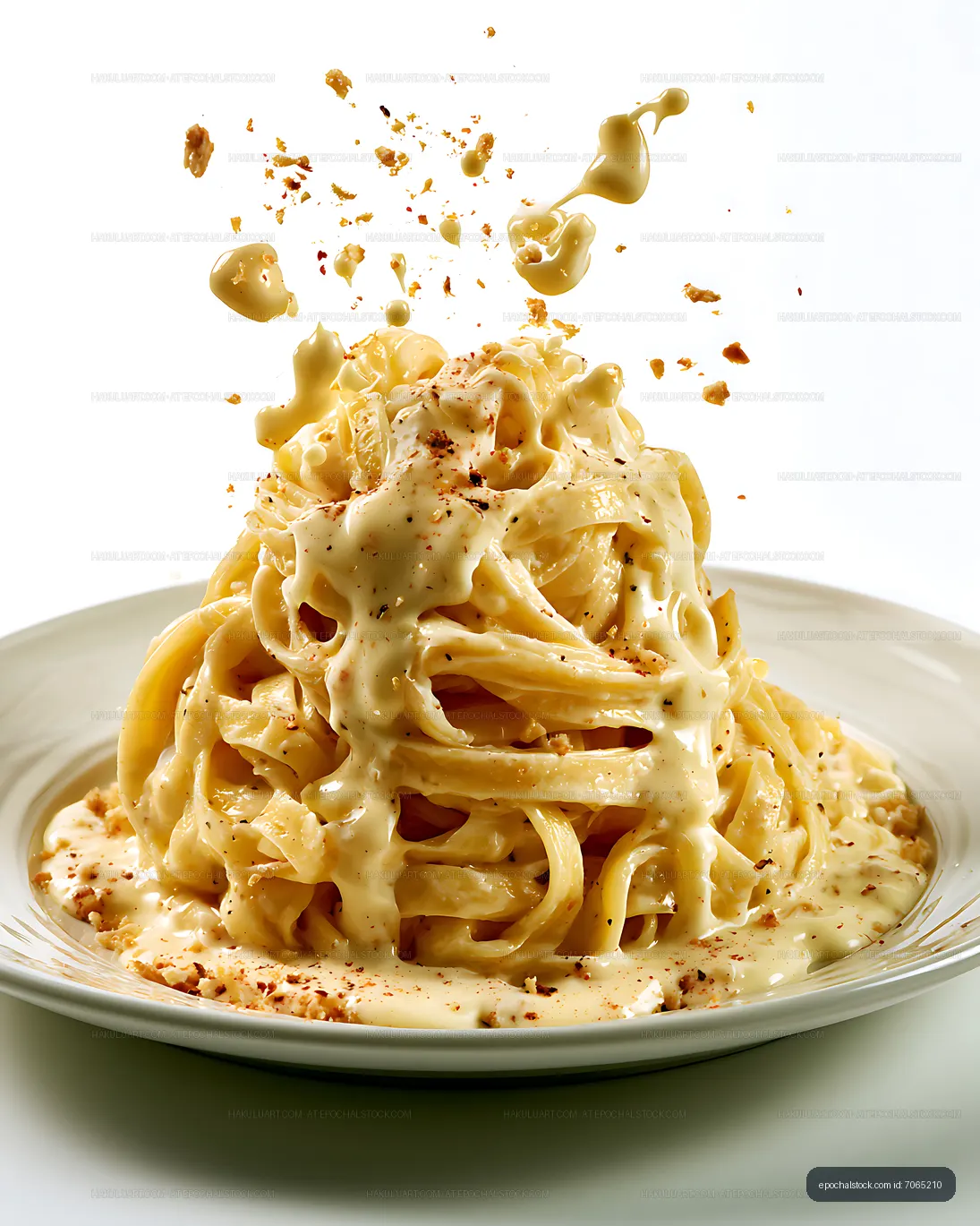 Creamy pasta served on a white plate with crumbs on top