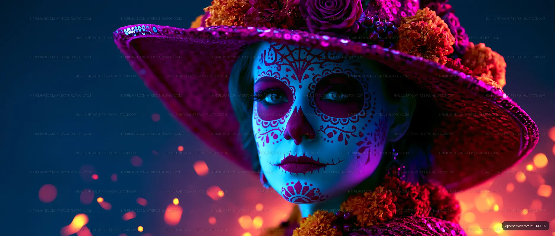 Dramatic close portrait of woman in sugar skull makeup and flower hat