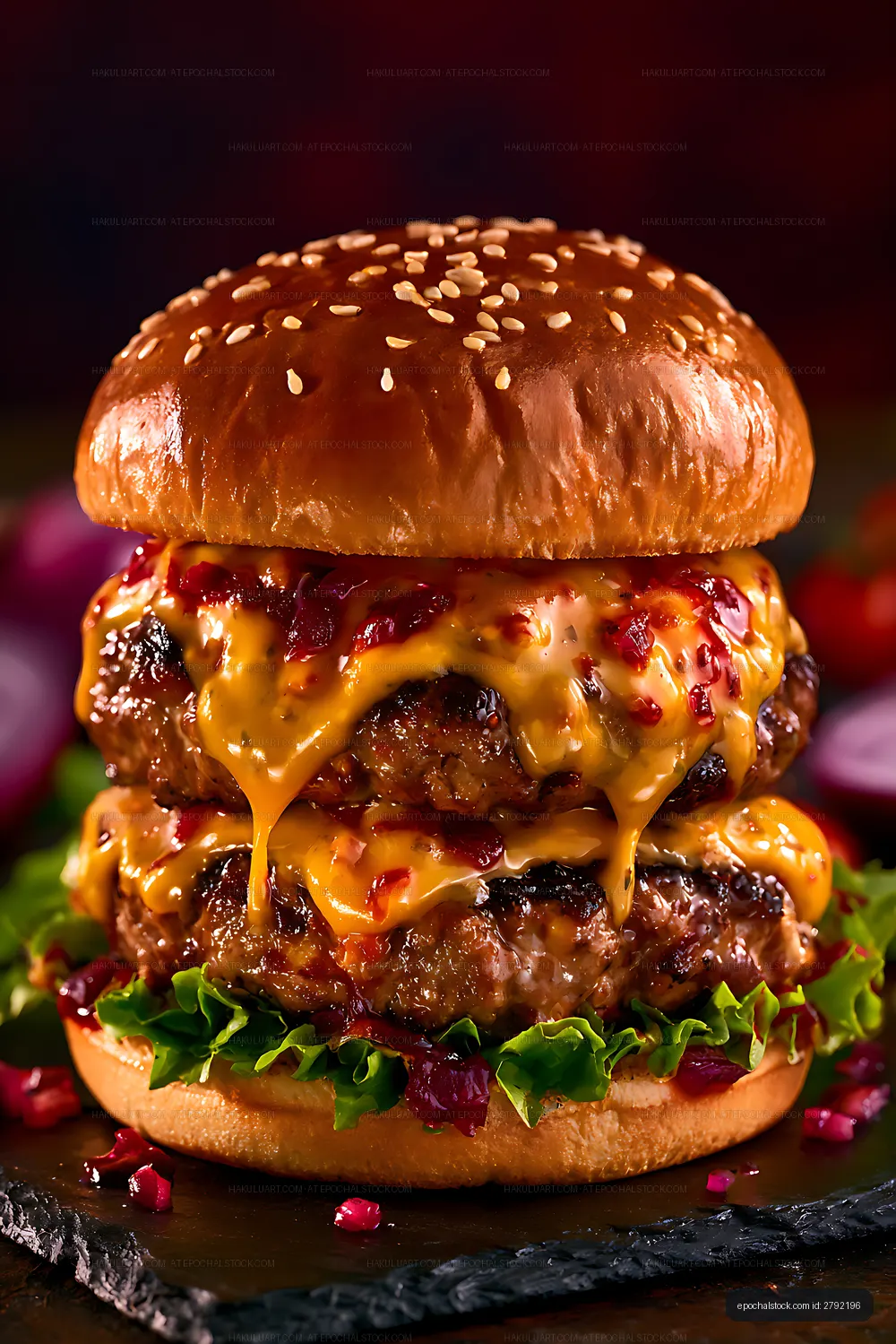 Double cheese burger with sesame bun on a dark background