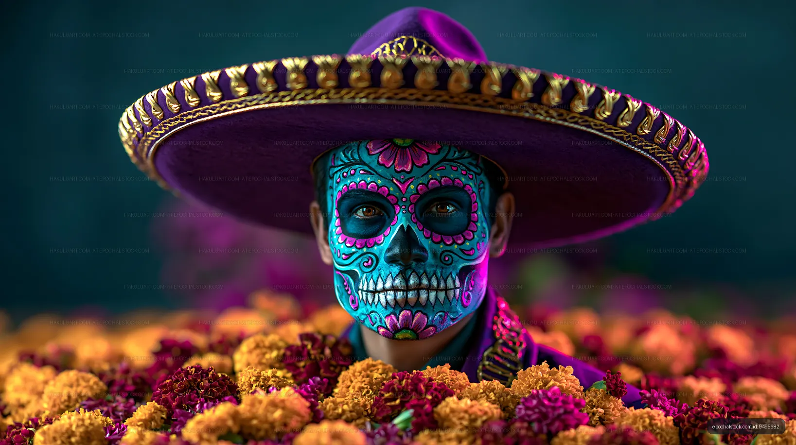 Person wearing skull face paint and ornate sombrero among flowers