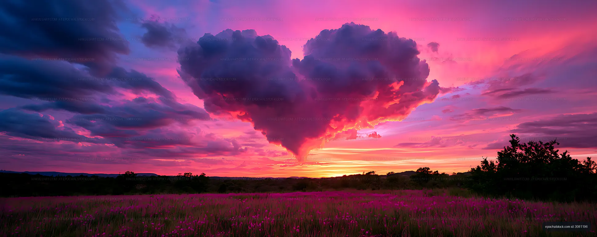 Vivid sunset sky over a wildflower field