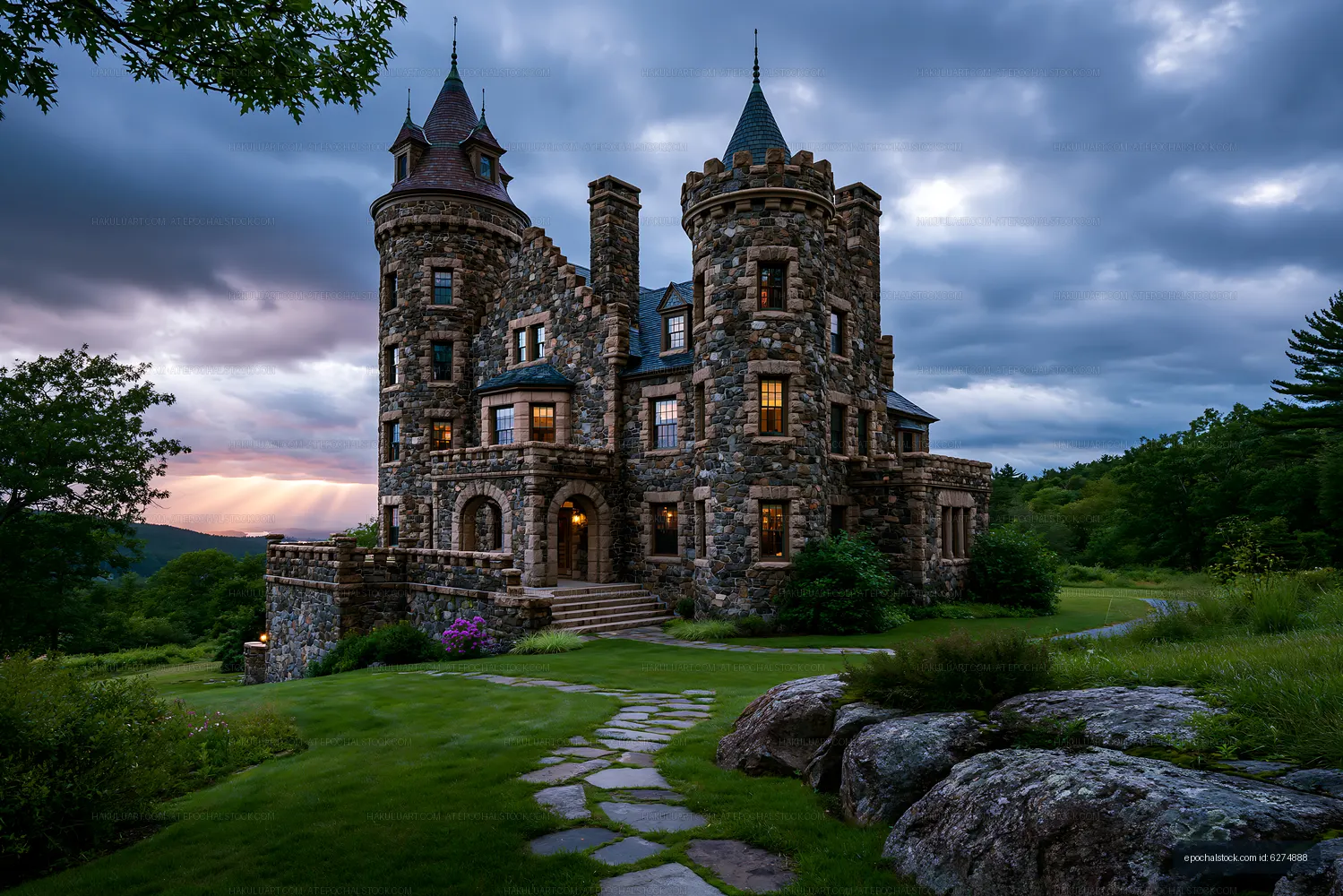 Historic-style stone castle home with turrets and sunset view