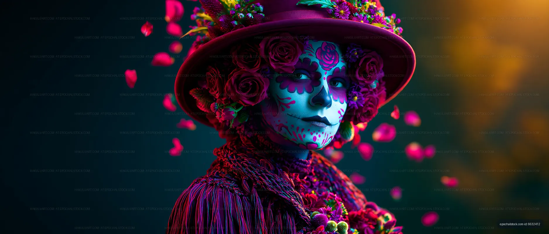 Dramatic portrait with floral hat and decorative face paint