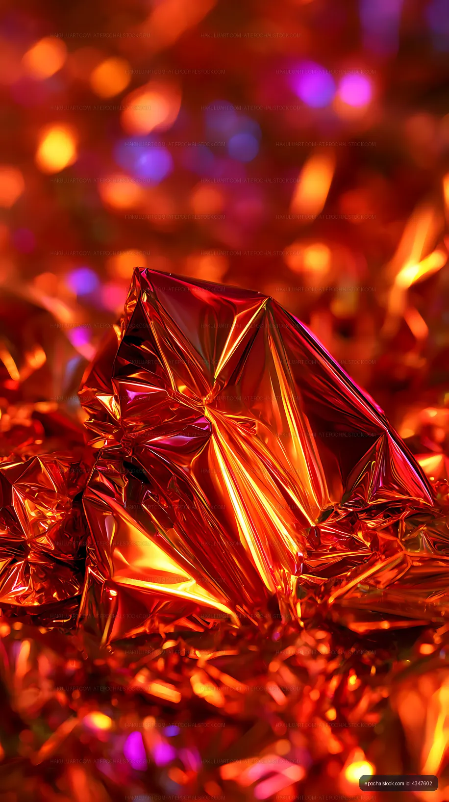 Crumpled red metallic foil glowing with colorful reflections