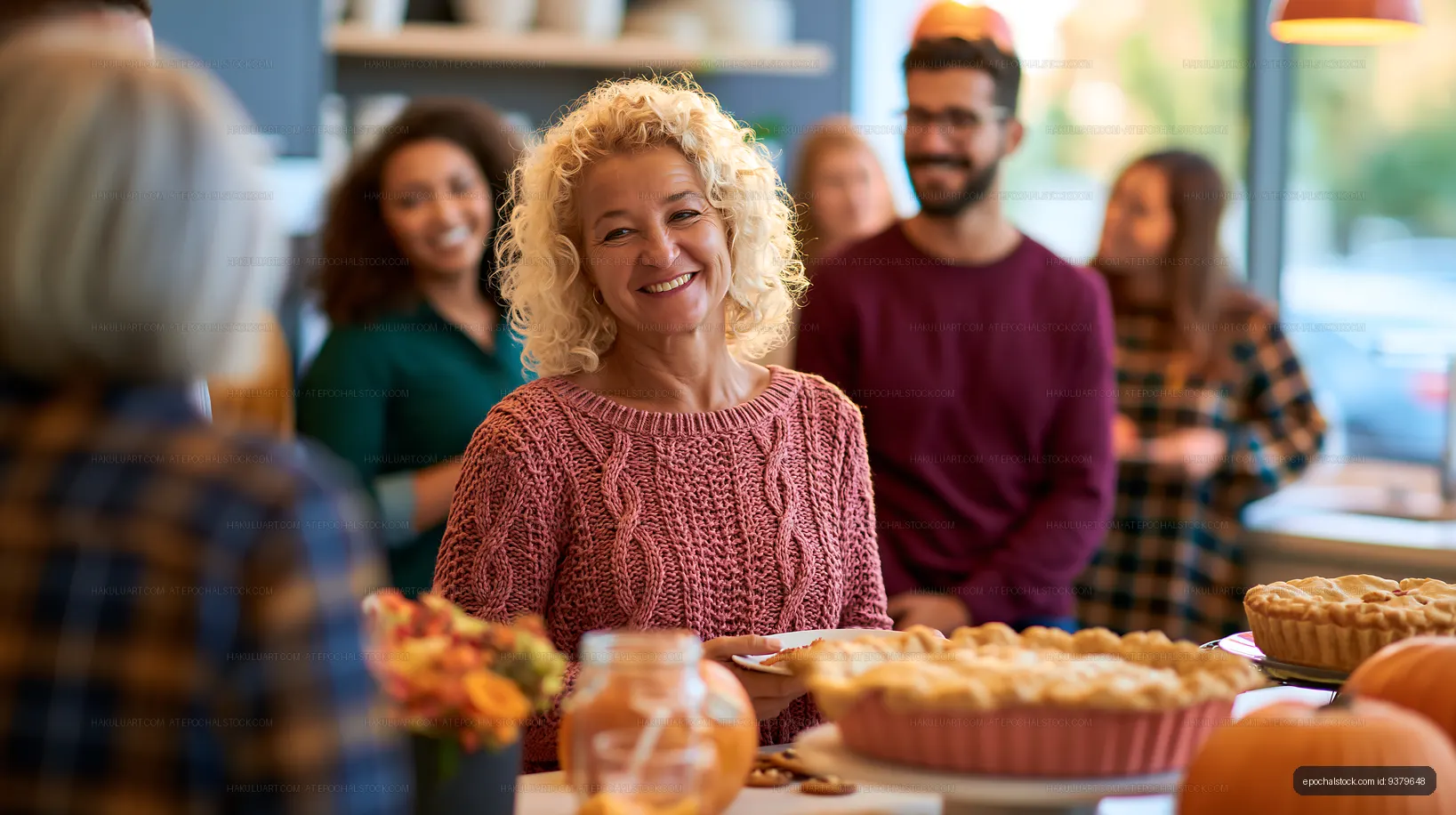 Smiling woman at a warm gathering with friends and pies