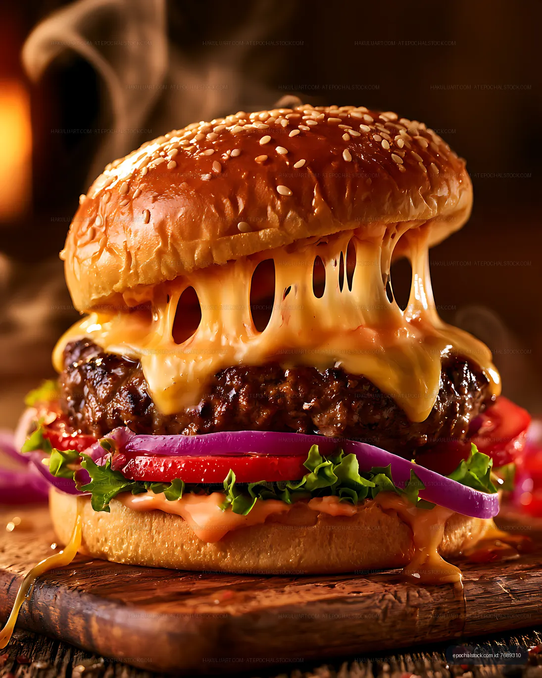 Melted cheese burger on a sesame seed bun