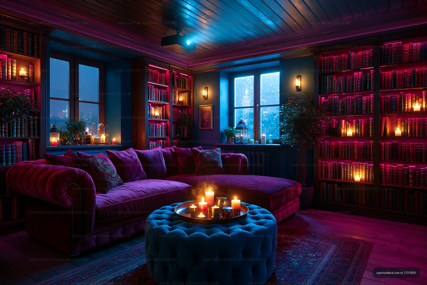 Candlelit velvet lounge in a colorful home library