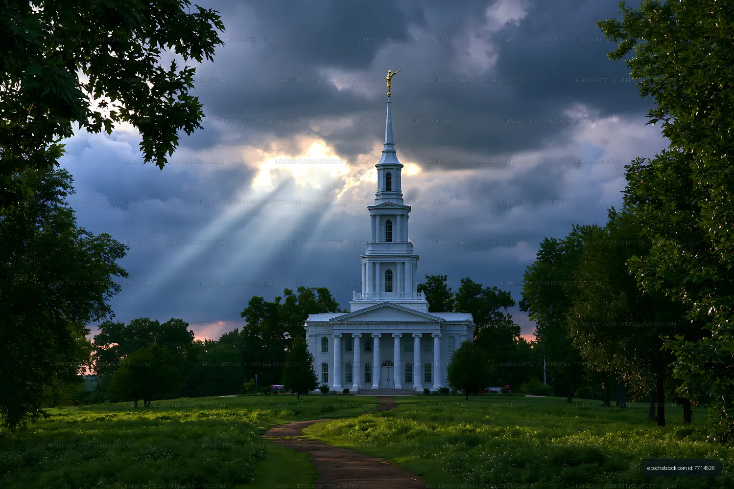 Church steeple with sun rays and stormy sky