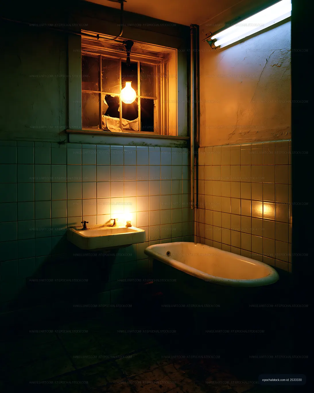 Dark vintage bathroom illuminated by contrasting lamps