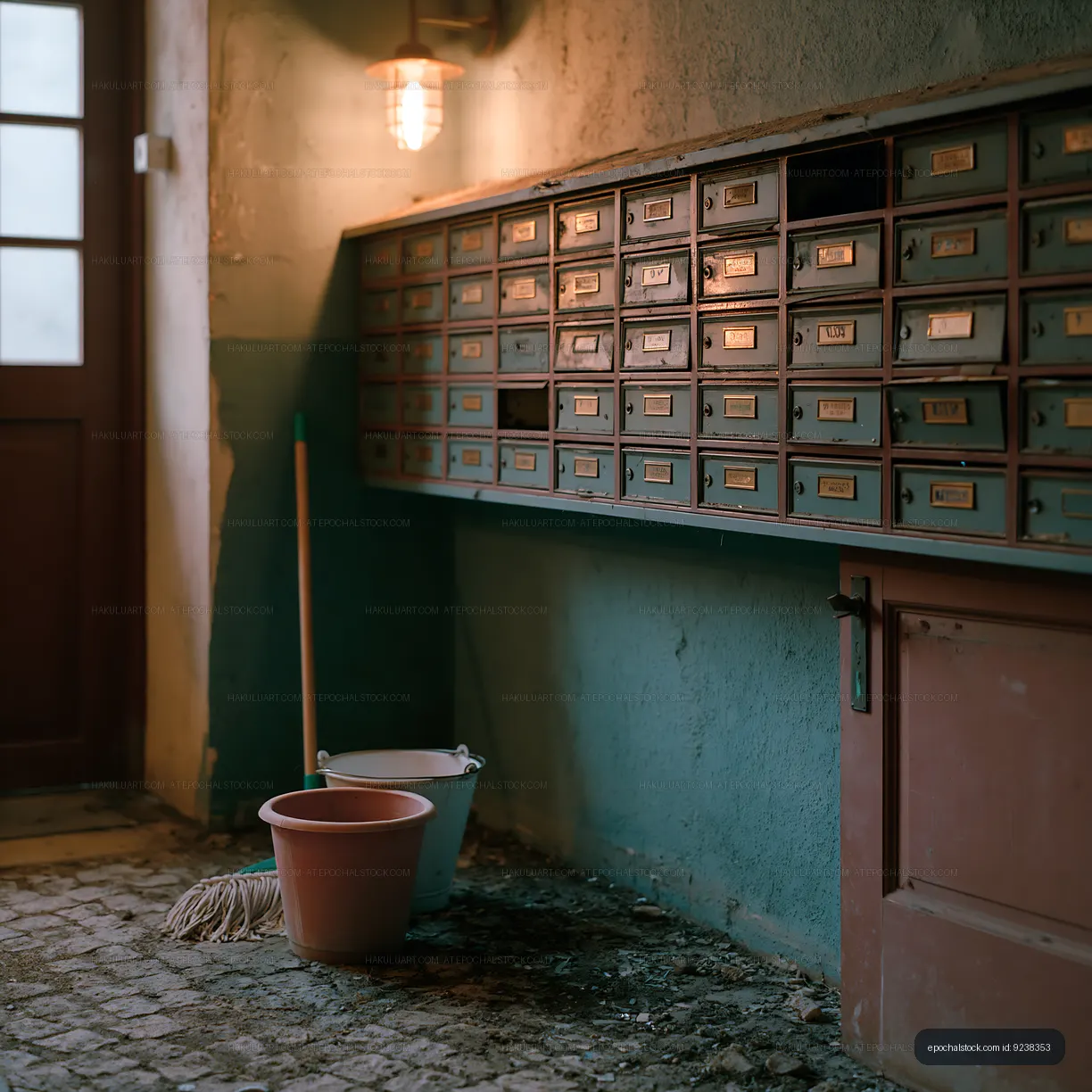 Aged Metal Mailboxes in a Warmly Lit Entryway