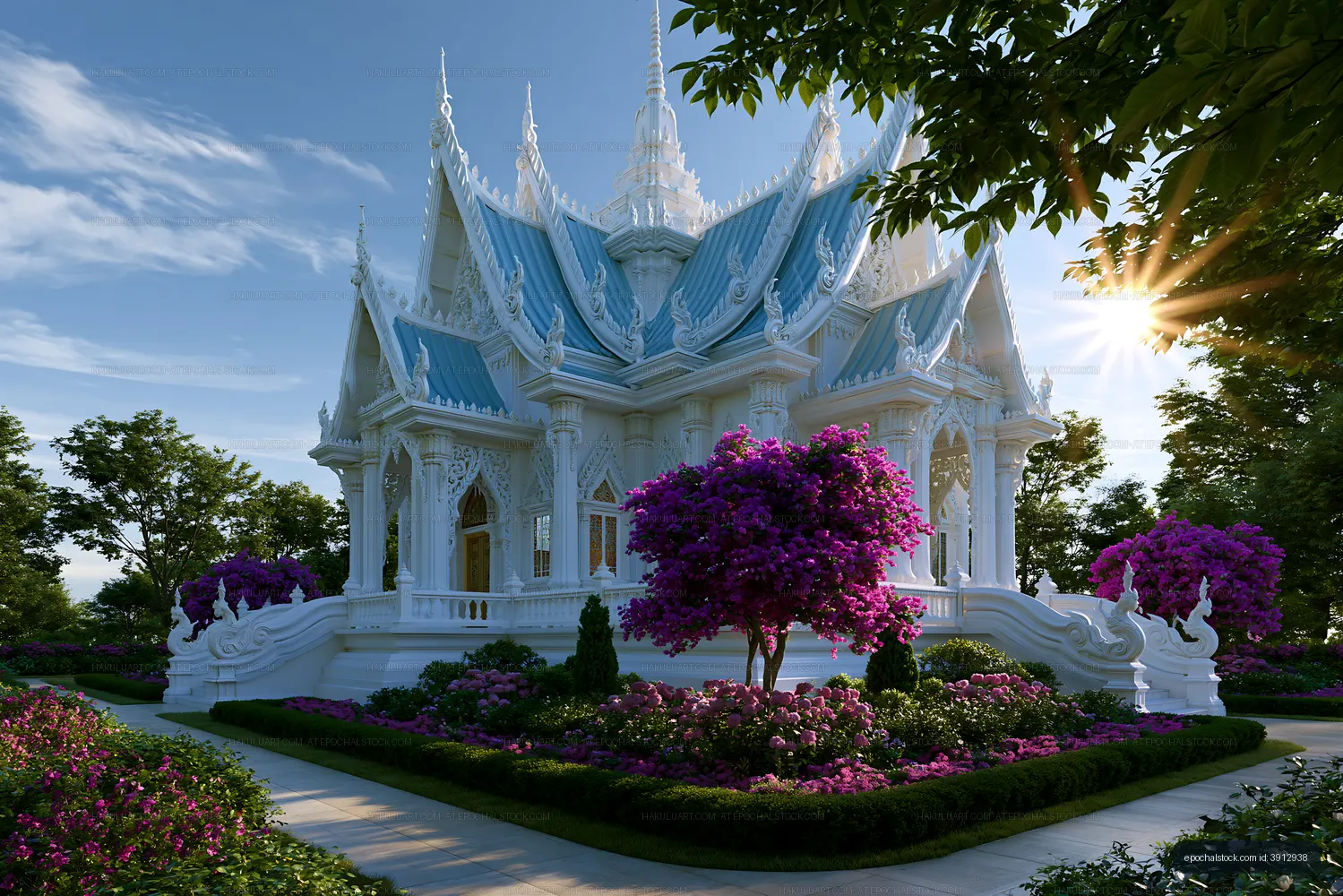 White ornamental temple with vibrant floral landscaping