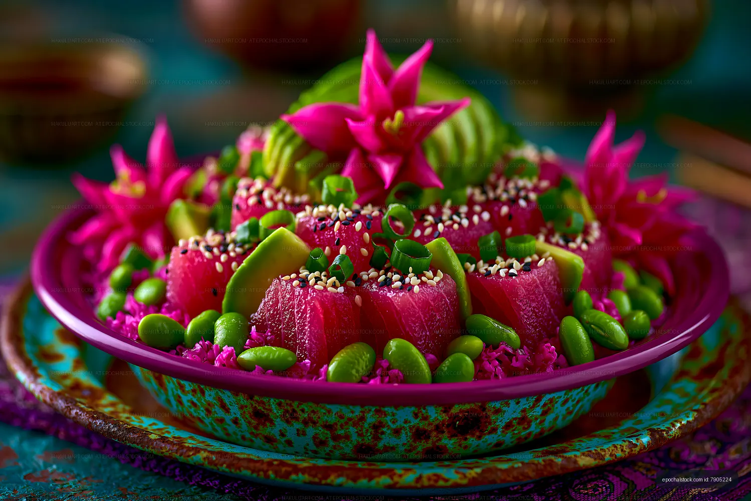 Colorful fruit and vegetable salad on a decorative plate