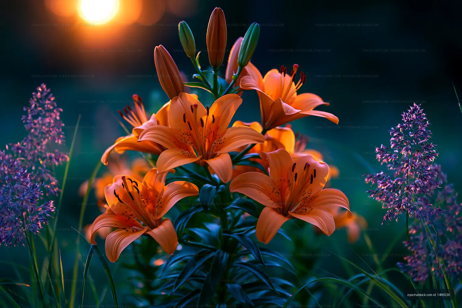 Orange lily blossoms and buds in a sunset garden