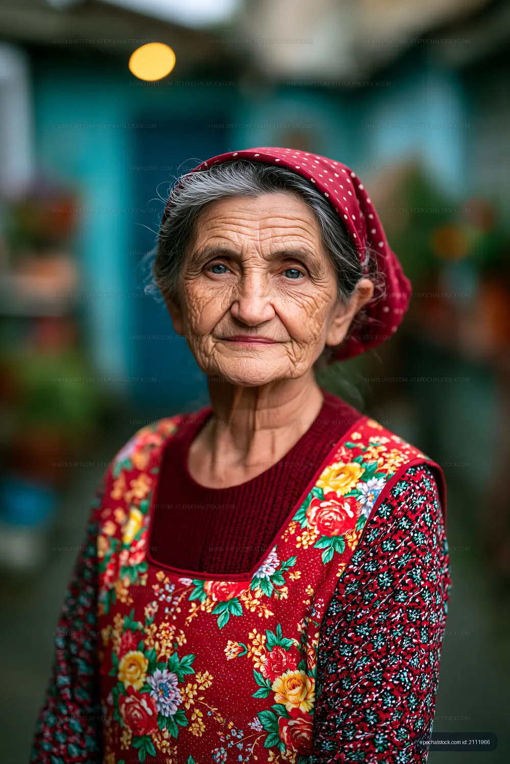 Elderly woman in traditional dress outdoors in vibrant scene