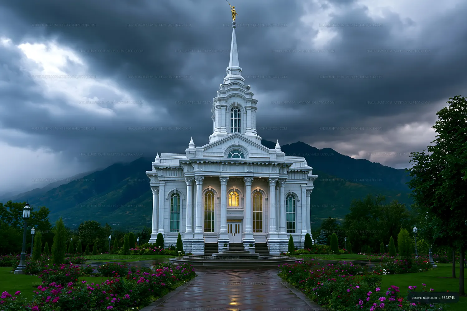 Ornate white temple framed by mountains and storm clouds
