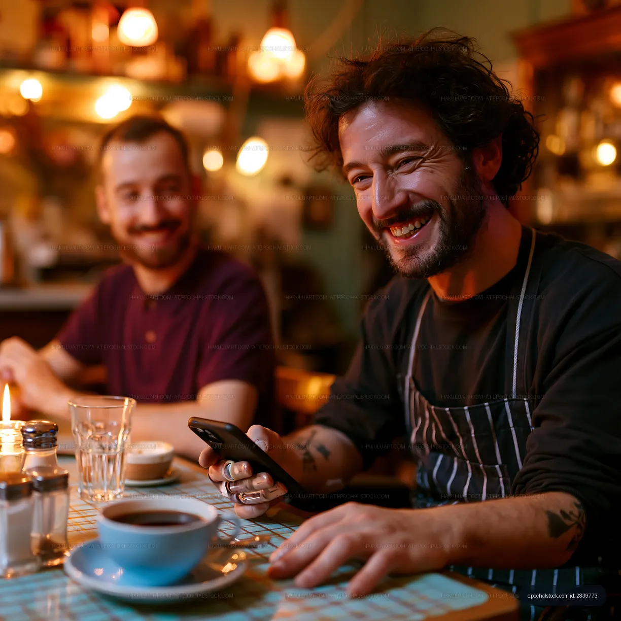 Smiling restaurant worker with phone and coffee