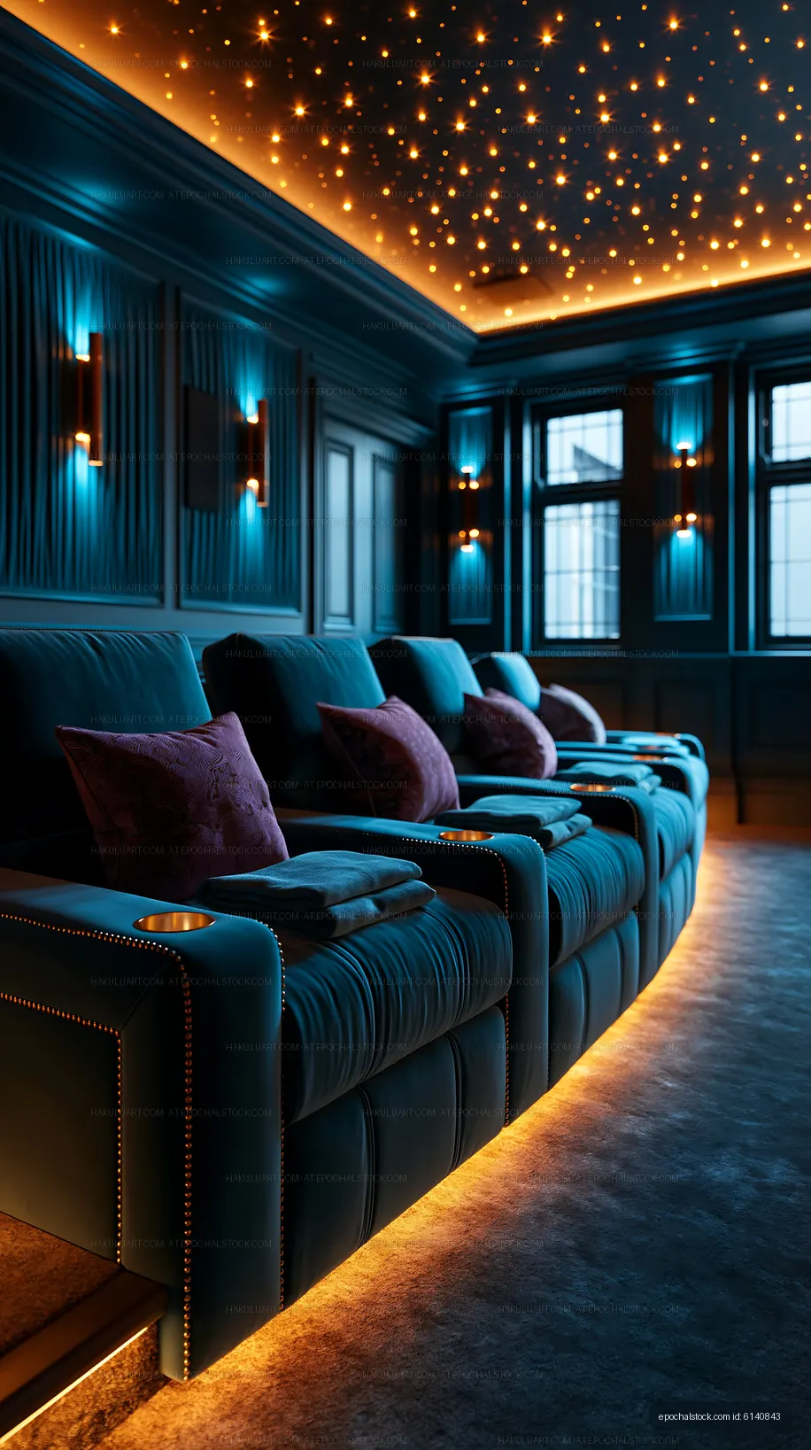 Luxury auditorium seating beneath a starry illuminated ceiling