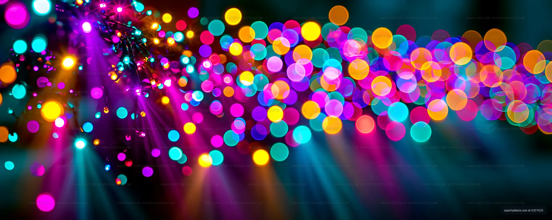 Abstract neon bokeh lights and colorful rays