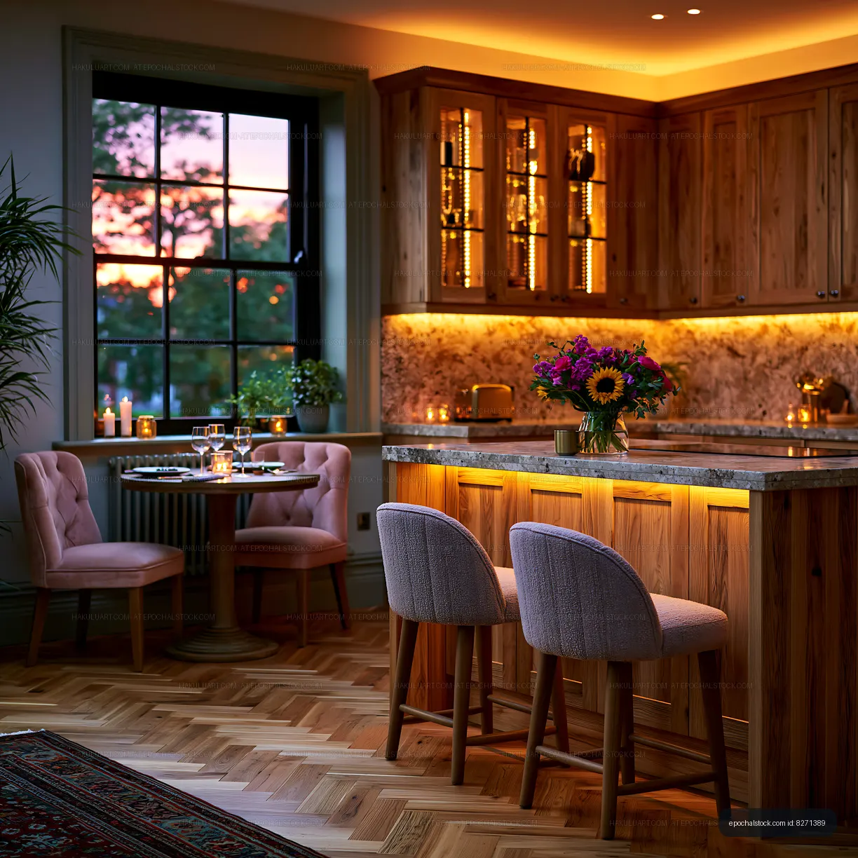 Elegant wood kitchen with illuminated island and sunset view