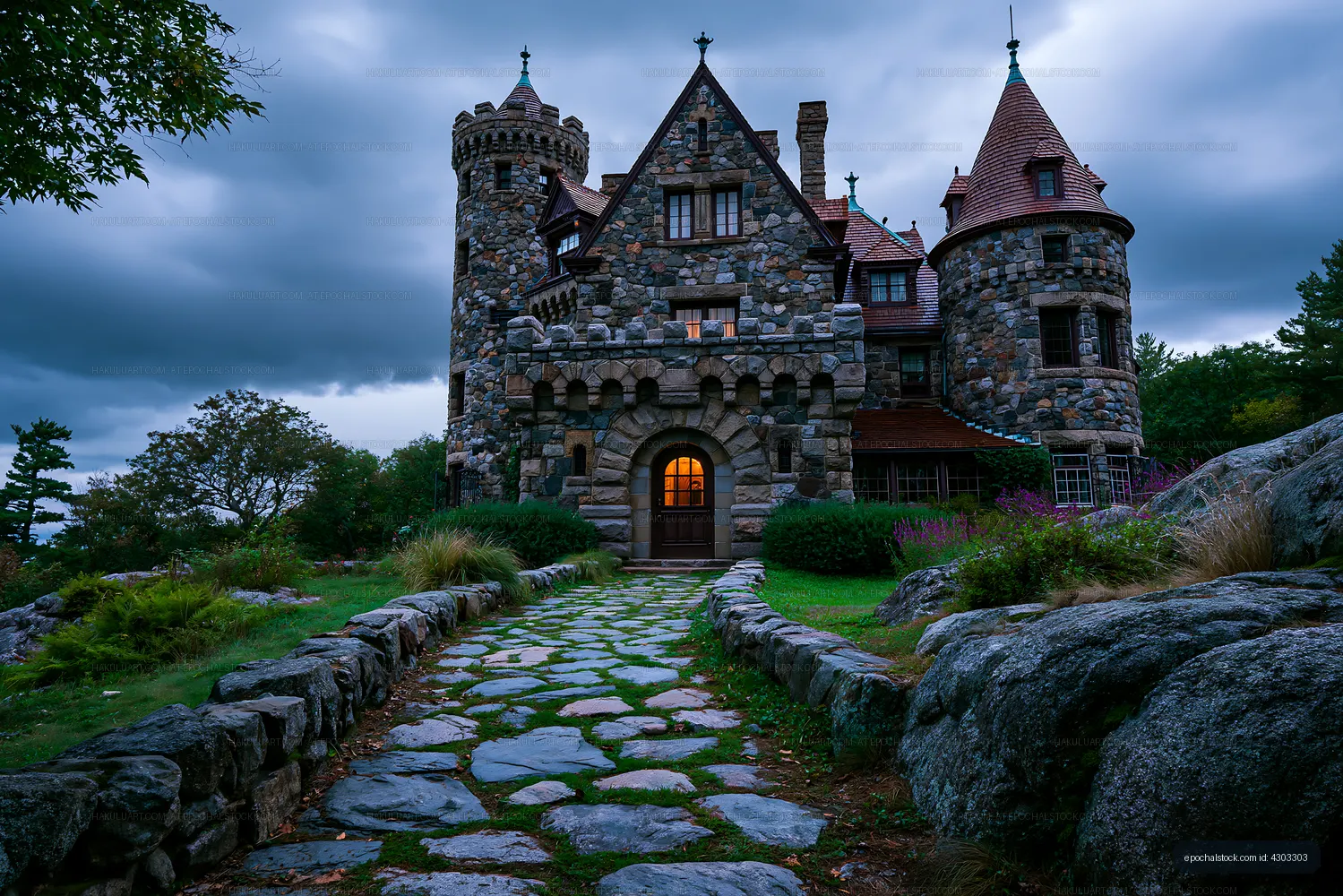 Turreted stone castle beneath a moody cloudy sky