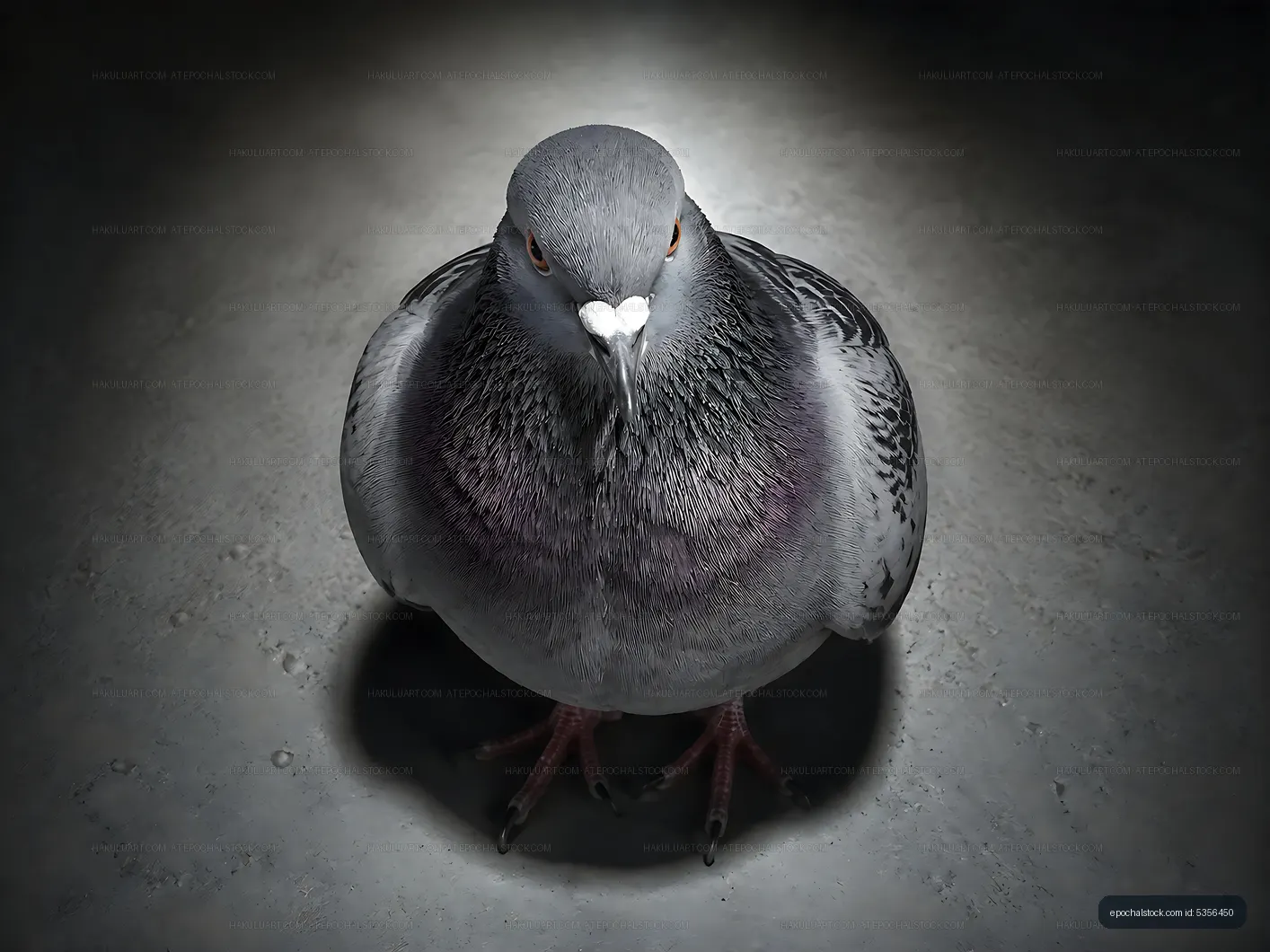 Gray pigeon standing on a concrete surface in low light