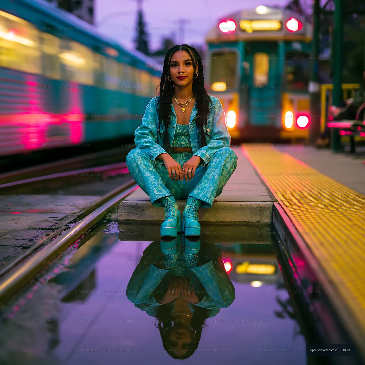 Blue-clad woman posing between trains at twilight
