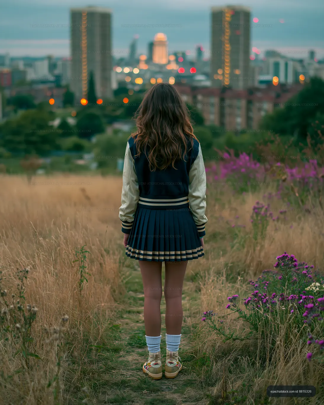 Woman Looking Toward a Blurred City Skyline