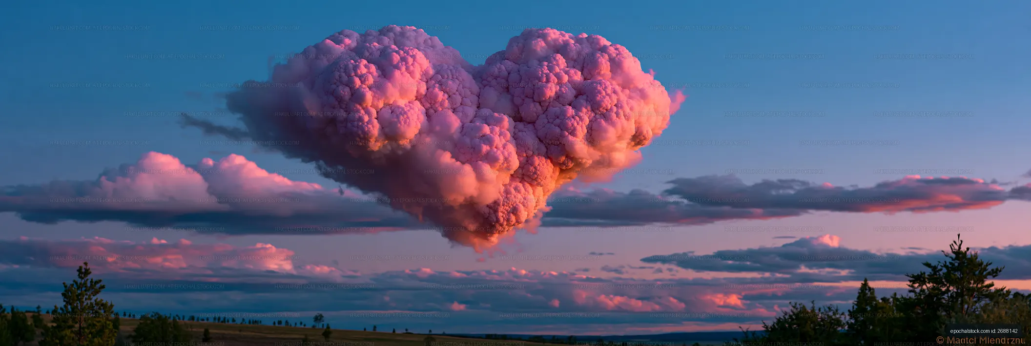 Pink cumulonimbus cloud over fields at sunset