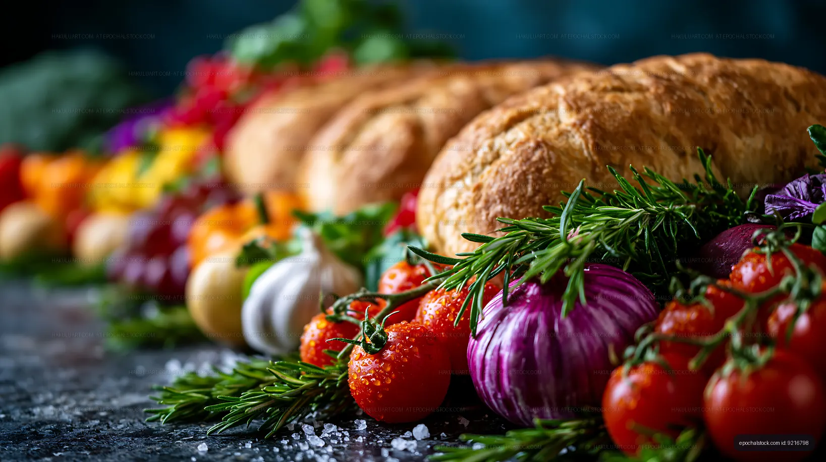 Artisanal bread surrounded by vegetables and rosemary