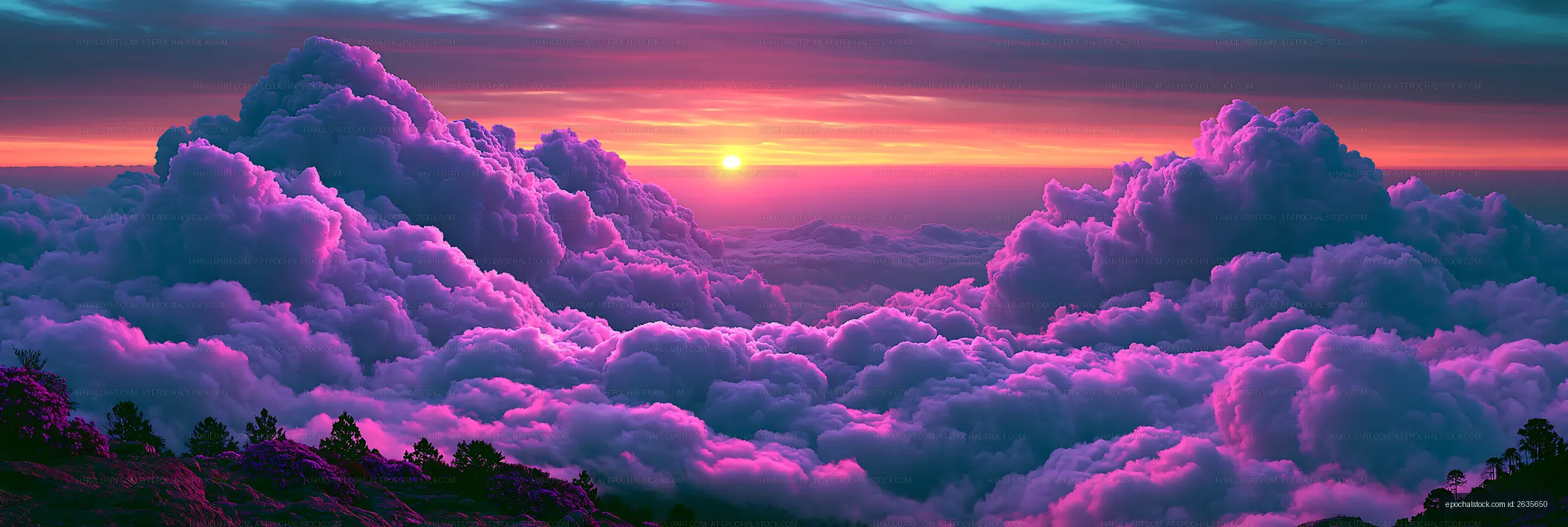Panoramic pink and purple sunset cloudscape