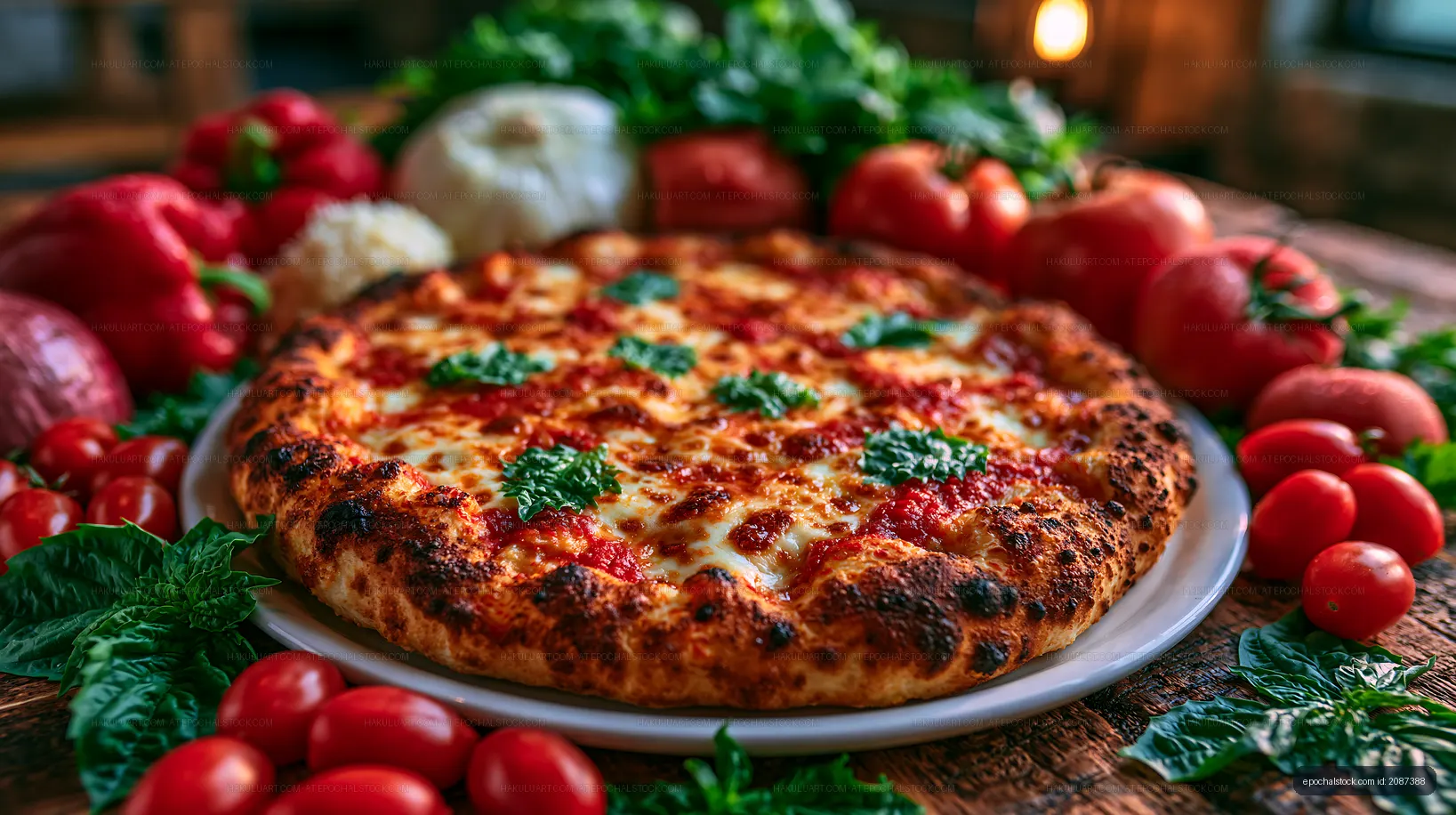 Rustic pizza surrounded by tomatoes and leafy greens