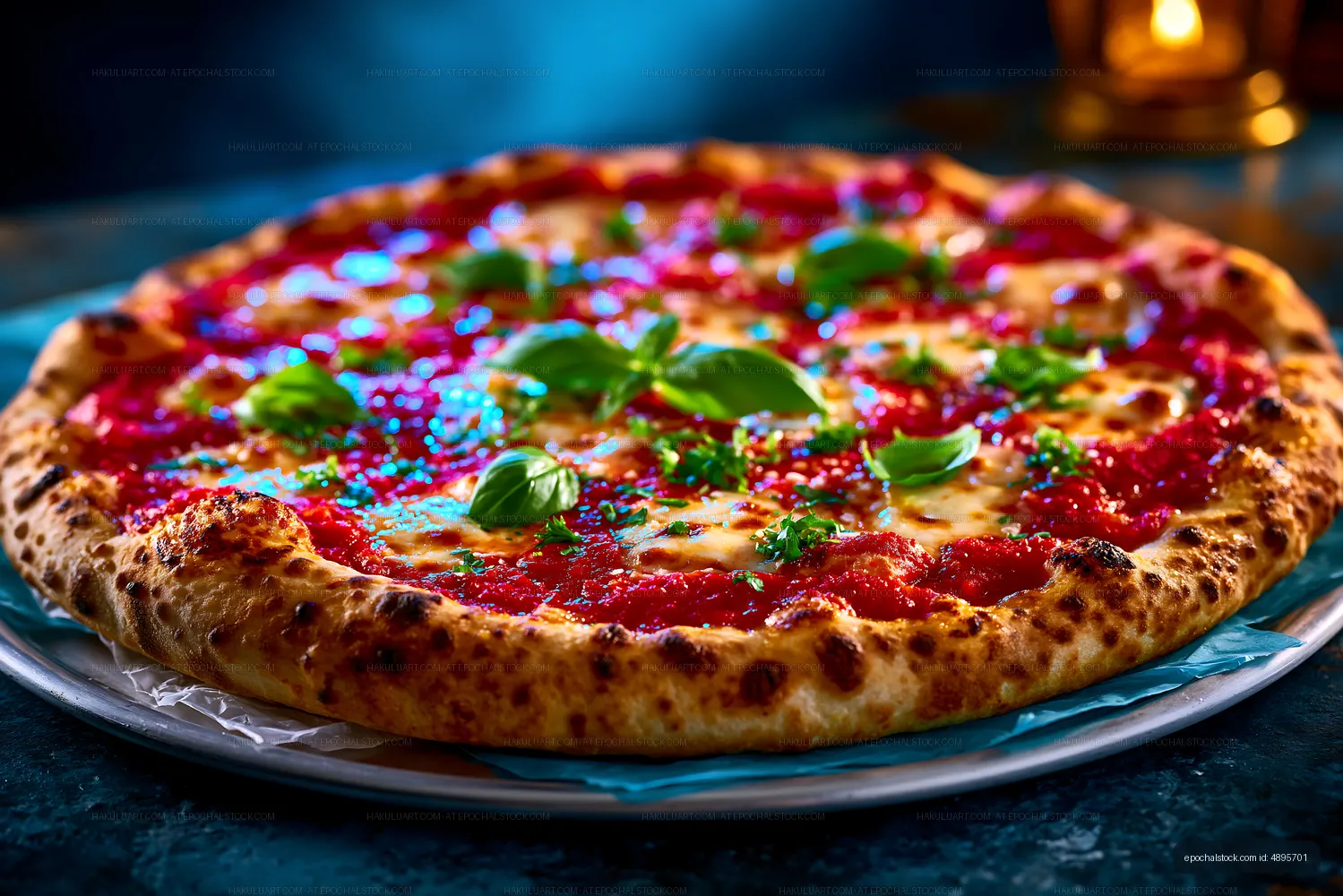 Cheese pizza topped with basil and herbs on a tray