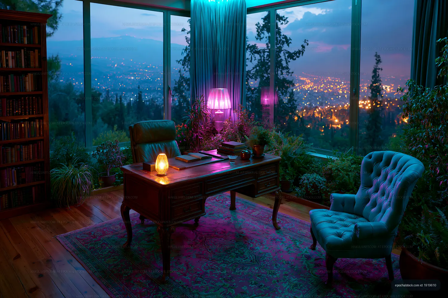 Classic study interior with glowing city view