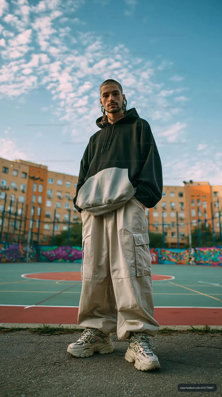 Urban streetwear portrait on an outdoor basketball court