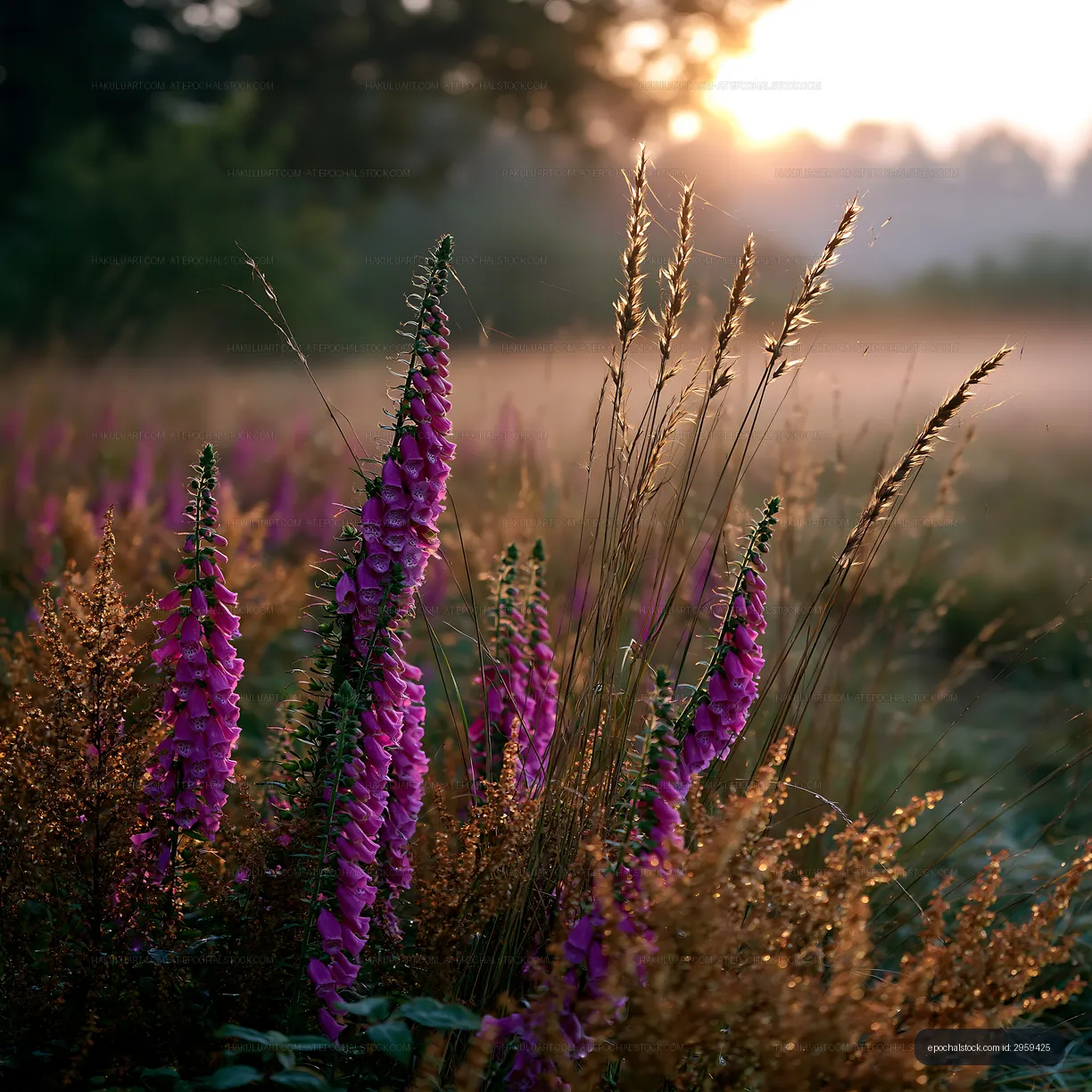 Wildflowers at sunrise in a misty field