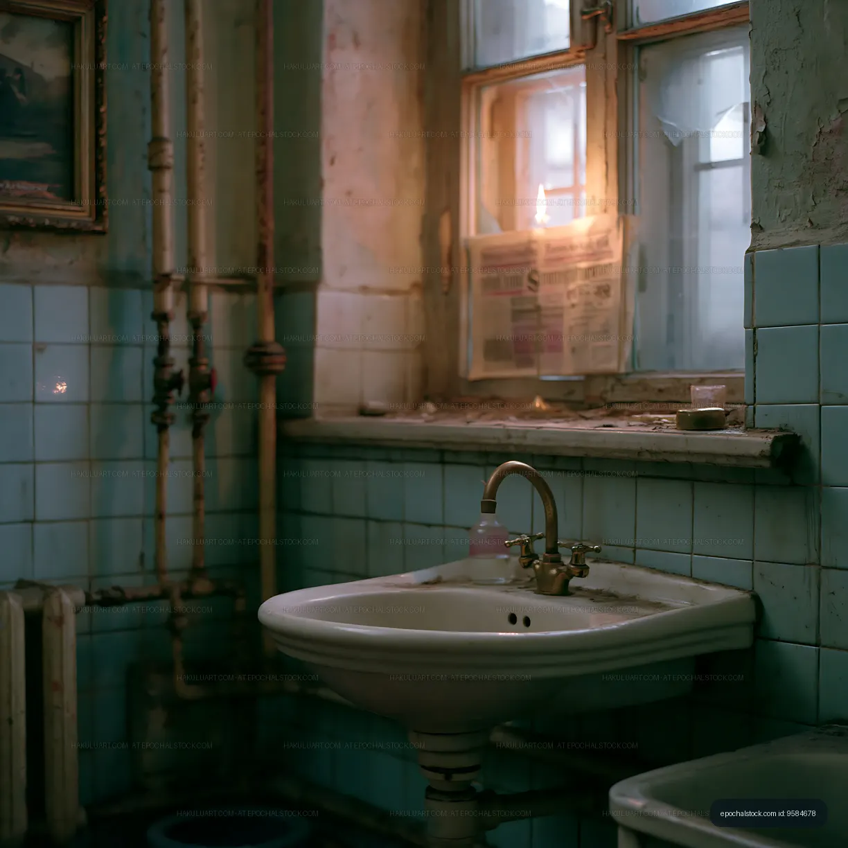 Old tiled bathroom with porcelain sink and warm candlelight
