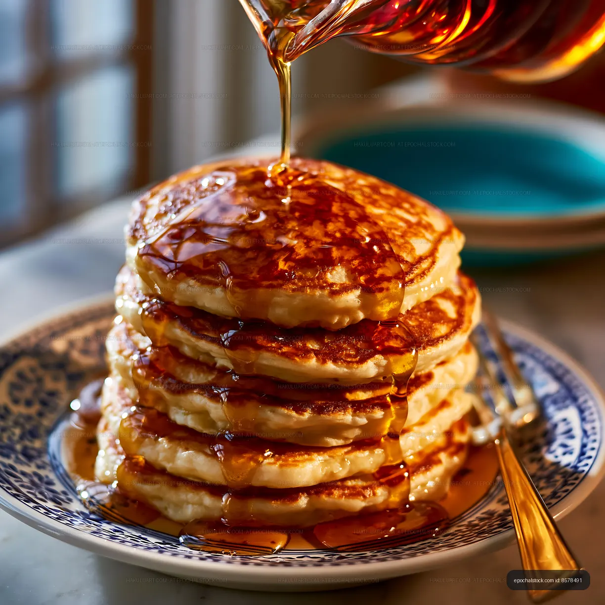 Pancake stack with syrup pouring from above